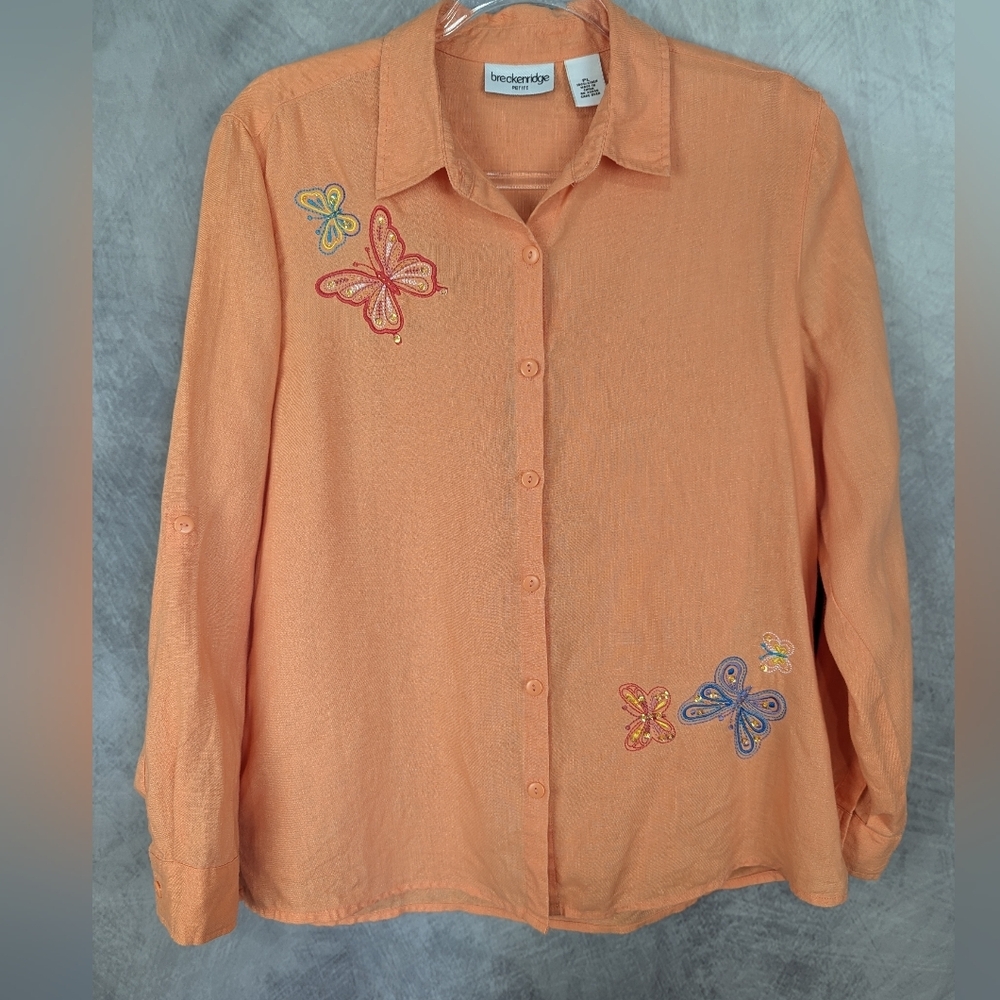 Breckenridge Petite Large 100% Linen Button Down With Butterfly Embroidery